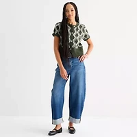 a.n.a Womens Crew Neck Short Sleeve Button Geometric Cardigan