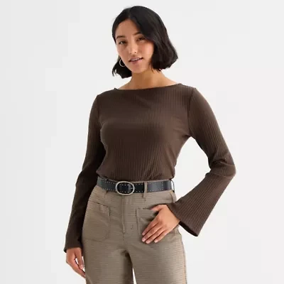 a.n.a Womens Boat Neck Long Sleeve T-Shirt