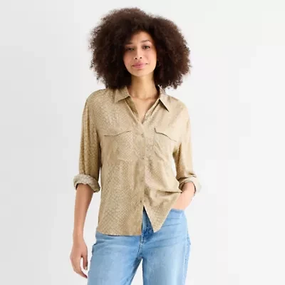 a.n.a Womens Cuffed Long Sleeve Regular Fit Button-Down Shirt