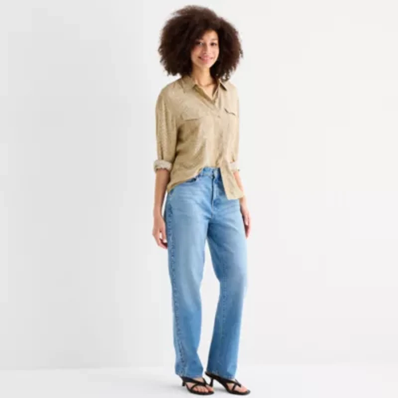 a.n.a Womens Cuffed Long Sleeve Regular Fit Button-Down Shirt