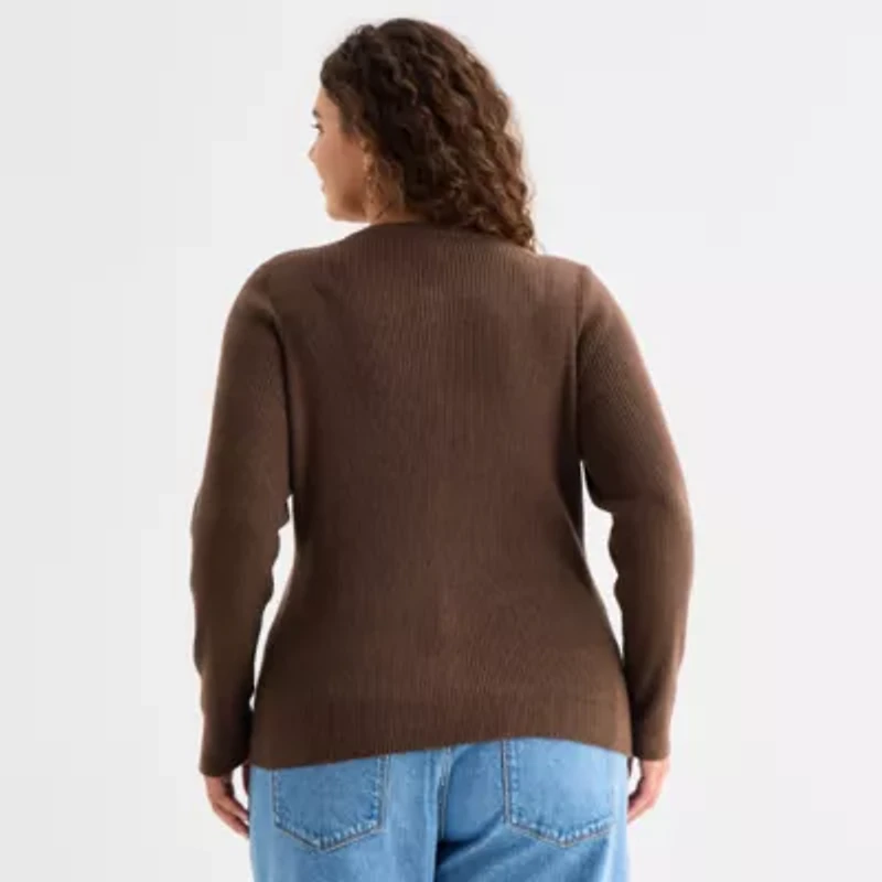 a.n.a Womens Crew Neck Long Sleeve Button Plus Cardigan
