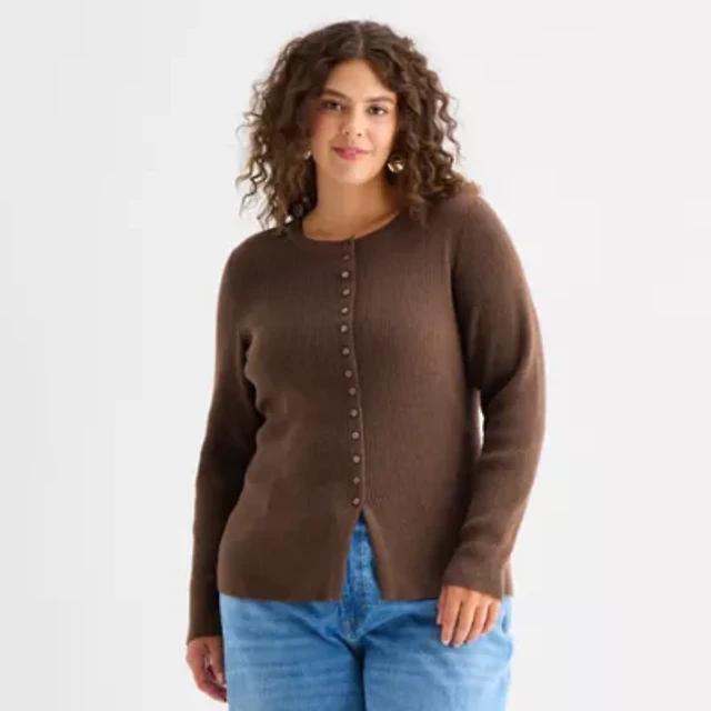 Womens Crew Neck Long Sleeve Button Plus Cardigan Brazos Mall