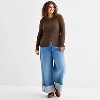 a.n.a Womens Crew Neck Long Sleeve Button Plus Cardigan
