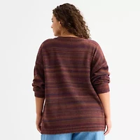 a.n.a Plus Womens Crew Neck Long Sleeve Striped Pullover Sweater