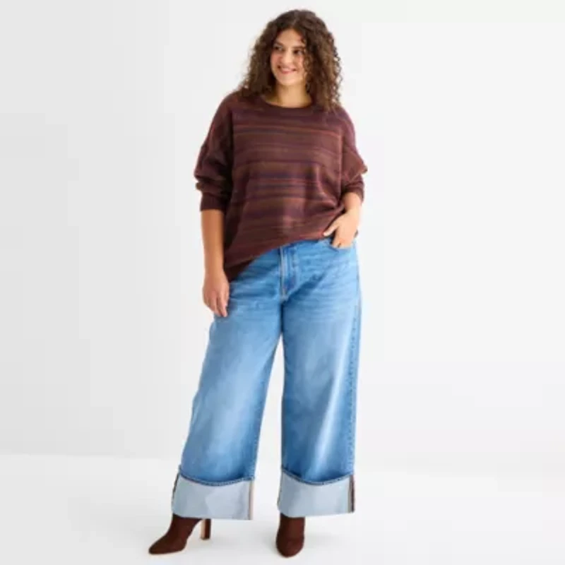 a.n.a Plus Womens Crew Neck Long Sleeve Striped Pullover Sweater