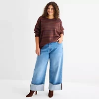 a.n.a Plus Womens Crew Neck Long Sleeve Striped Pullover Sweater