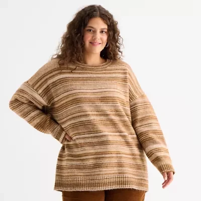 a.n.a Plus Womens Crew Neck Long Sleeve Striped Pullover Sweater