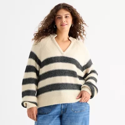a.n.a Plus Womens Split Crew Neck Long Sleeve Pullover Sweater