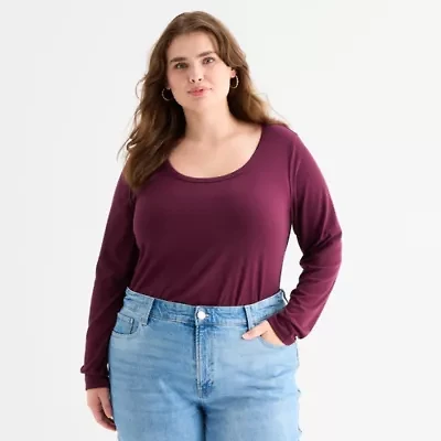 a.n.a Womens Plus Scoop Neck Long Sleeve T-Shirt