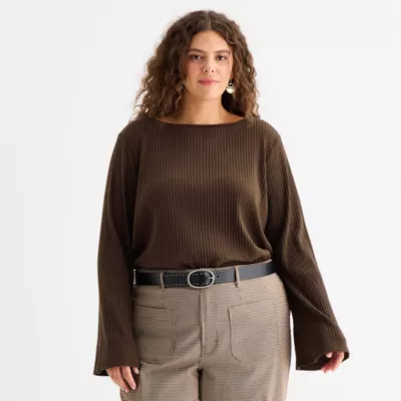 a.n.a Womens Boat Neck Long Sleeve Plus T-Shirt