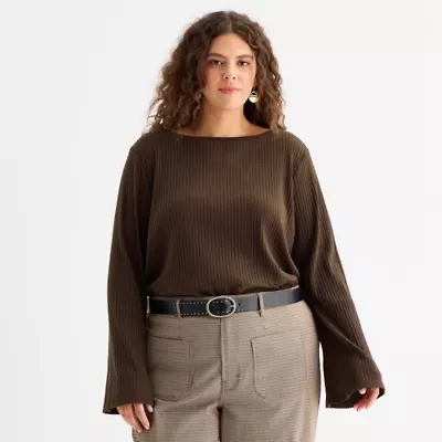 a.n.a Womens Boat Neck Long Sleeve Plus T-Shirt