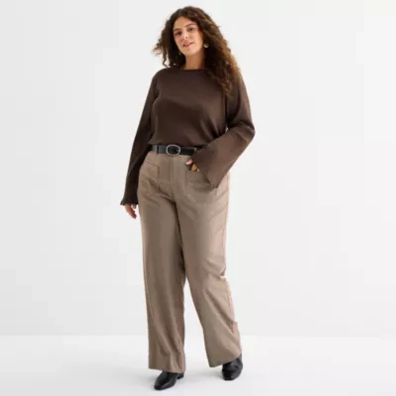 a.n.a Womens Boat Neck Long Sleeve Plus T-Shirt