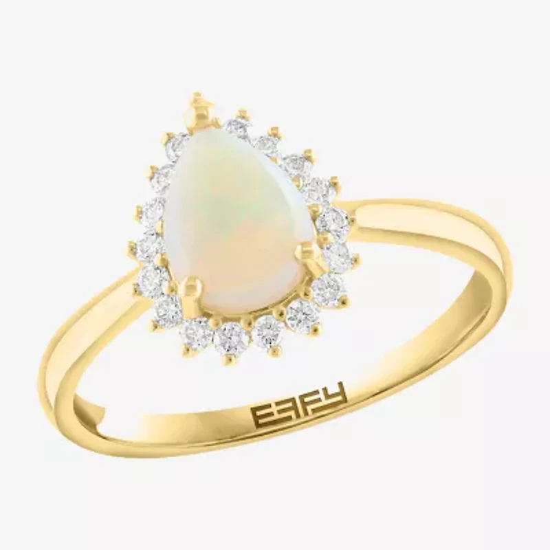 Effy Final Call Womens 1/5 CT. Genuine White Opal 14K Gold Pear Halo Cocktail Ring