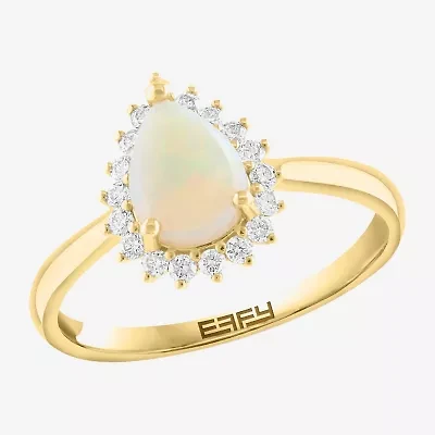 Effy Final Call Womens 1/5 CT. Genuine White Opal 14K Gold Pear Halo Cocktail Ring