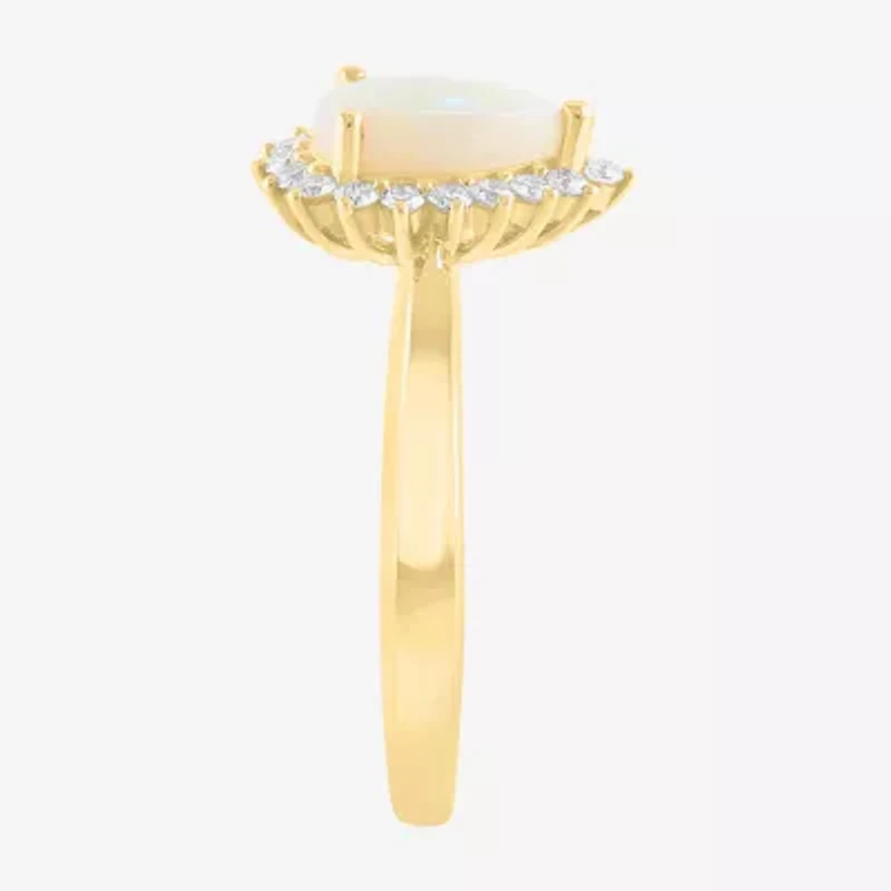 Effy Final Call Womens 1/5 CT. Genuine White Opal 14K Gold Pear Halo Cocktail Ring