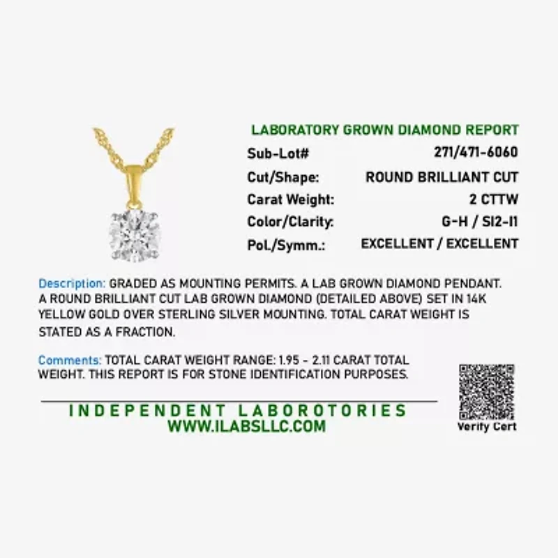 G-H, Si2-I1 Womens 2 CT. T.W. Lab Grown White Diamond Sterling Silver or 14K Gold over Round Pendant Necklace