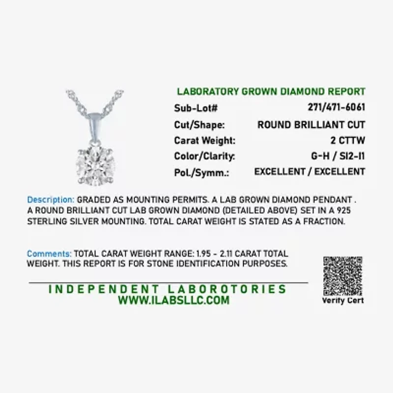 G-H, Si2-I1 Womens 2 CT. T.W. Lab Grown White Diamond Sterling Silver or 14K Gold over Silver Round Pendant Necklace