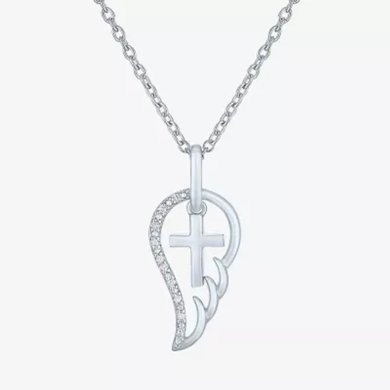 Diamond Accent Wings (G-H,Si2-I1) Womens Diamond Accent Lab Grown White Diamond Accent Sterling Silver Cross Wing 16 Inch Pendant Necklace