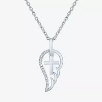 Diamond Accent Wings (G-H,Si2-I1) Womens Diamond Accent Lab Grown White Diamond Accent Sterling Silver Cross Wing 16 Inch Pendant Necklace