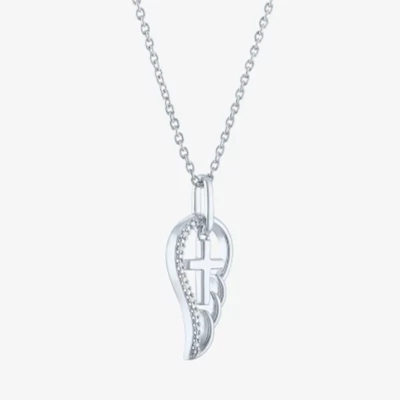 Diamond Accent Wings (G-H,Si2-I1) Womens Diamond Accent Lab Grown White Diamond Accent Sterling Silver Cross Wing 16 Inch Pendant Necklace