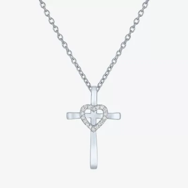 Diamond Accent Cross (G-H, Si2-I1) Womens Diamond Accent Lab Grown White Diamond Accent Sterling Silver Cross Heart 16 Inch Pendant Necklace