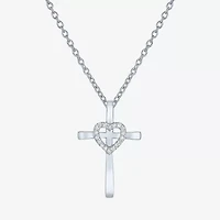 Diamond Accent Cross (G-H, Si2-I1) Womens Diamond Accent Lab Grown White Diamond Accent Sterling Silver Cross Heart 16 Inch Pendant Necklace