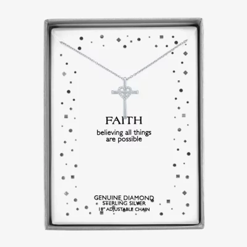 Faith" Womens Accent Natural Diamond Sterling SIlver Cross Pendant Necklace"