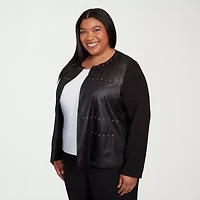 Alfred Dunner Business As Usual Womens Faux Leather Lightweight Plus Bomber Jacket