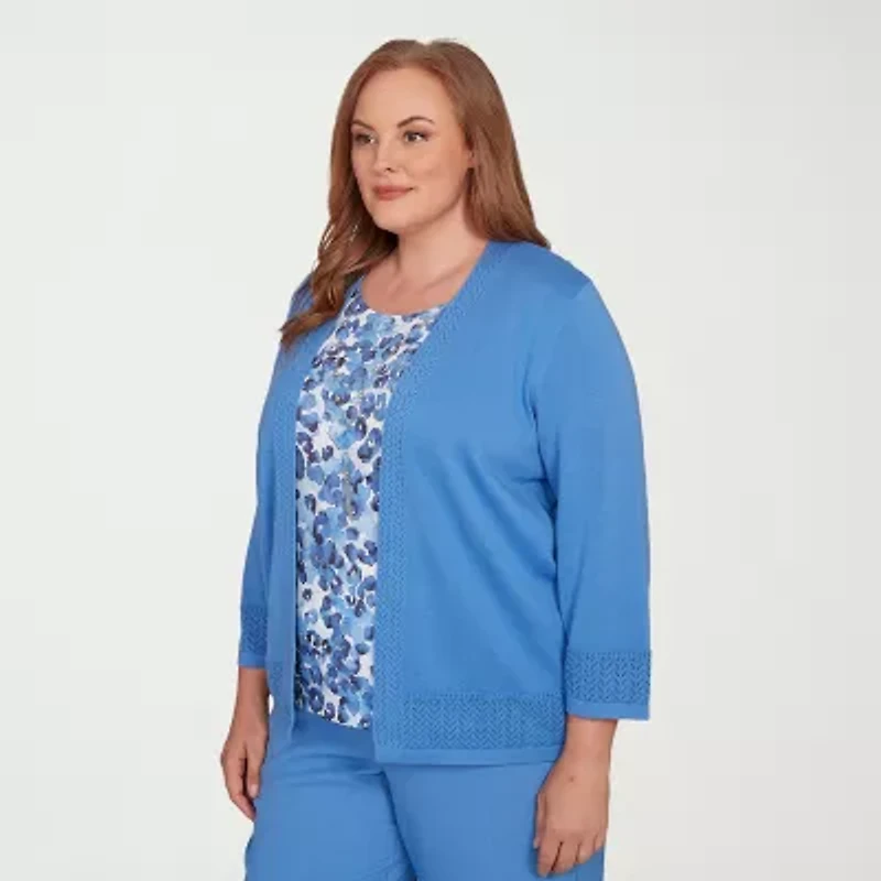 Alfred Dunner Business As Usual Womens Round Neck 3/4 Sleeve Floral Layered Sweater Plus
