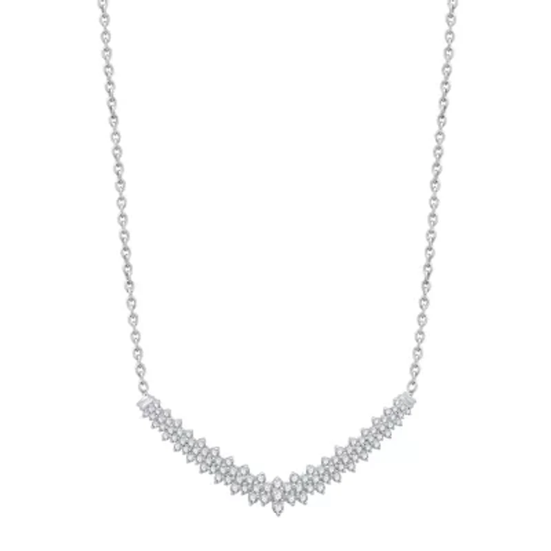 Womens White Diamond 10K White Gold 17 Inch Chevron Necklace