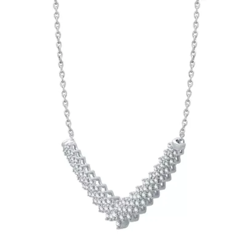 Womens White Diamond 10K White Gold 17 Inch Chevron Necklace