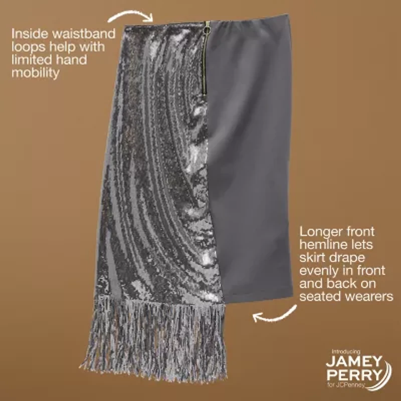 Jamey Perry x JCPenney Womens Adaptive Sequin Fringe Seated Rise Midi Skirt