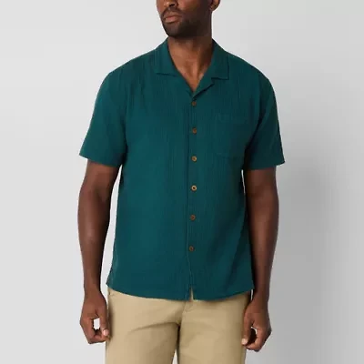 St. John's Bay Textured Button-Down Mens V Neck Short Sleeve Camp Shirt