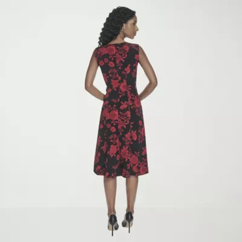 Marc New York Womens Sleeveless Floral Midi Fit + Flare Dress