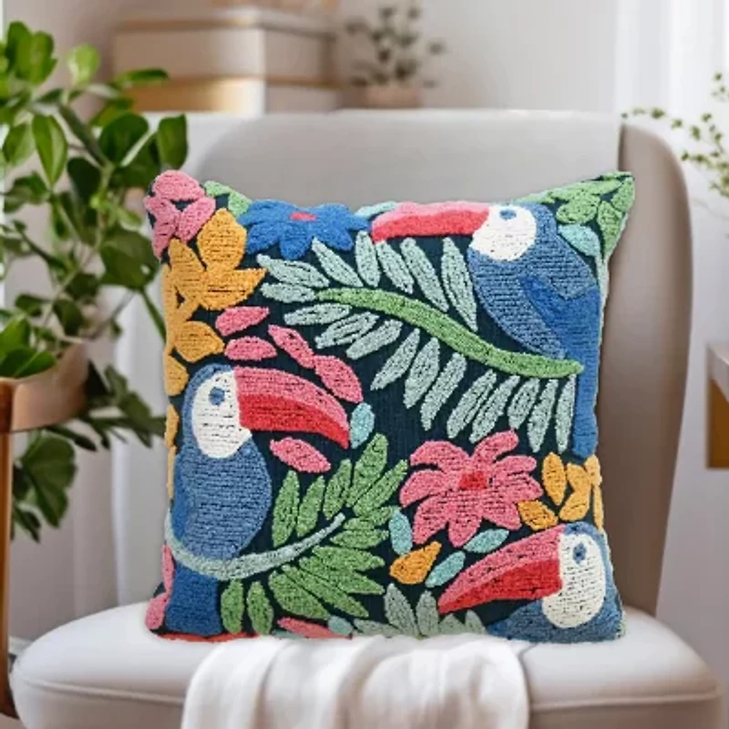 Vibhsa Vibhsa Novelty Hooked Decorative Pillow With Birds And Floral Design, 20"X20" Square Throw Pillow