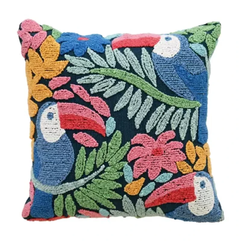 Vibhsa Vibhsa Novelty Hooked Decorative Pillow With Birds And Floral Design, 20"X20" Square Throw Pillow