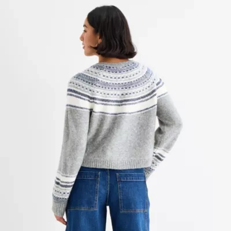 a.n.a Womens Crew Neck Long Sleeve Button Geometric Cardigan