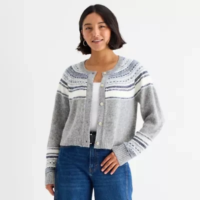 a.n.a Womens Crew Neck Long Sleeve Button Geometric Cardigan
