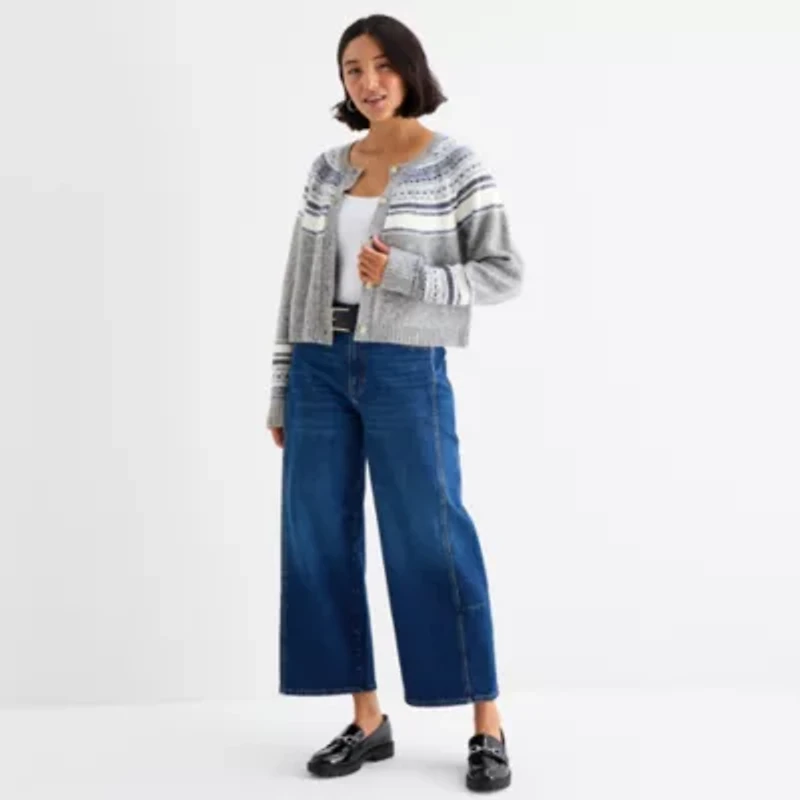 a.n.a Womens Crew Neck Long Sleeve Button Geometric Cardigan
