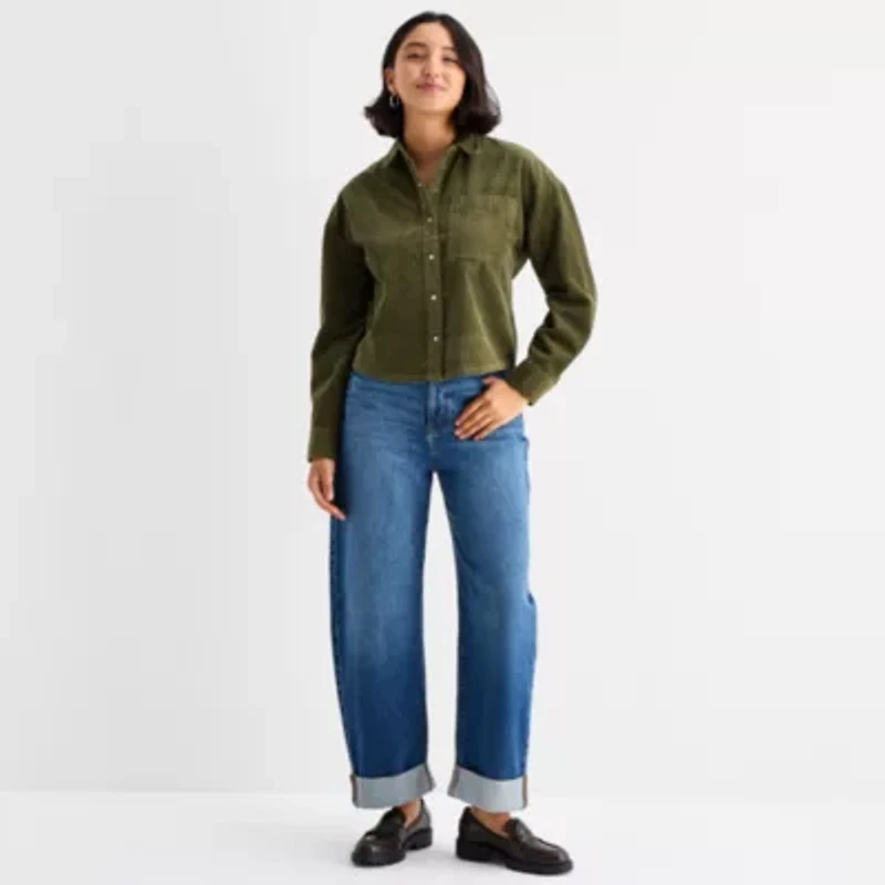 a.n.a Womens Cuffed Long Sleeve Regular Fit Button-Down Shirt