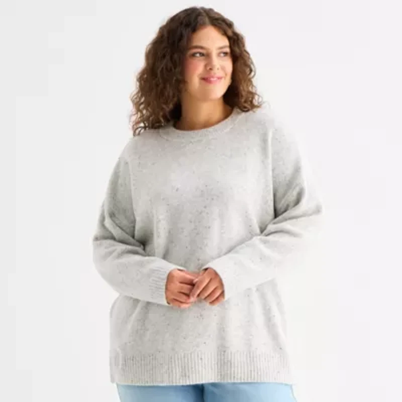 a.n.a Plus Womens Crew Neck Long Sleeve Striped Pullover Sweater
