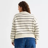 a.n.a Womens Crew Neck Long Sleeve Button Plus Striped Cardigan