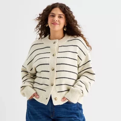 a.n.a Womens Crew Neck Long Sleeve Button Plus Striped Cardigan