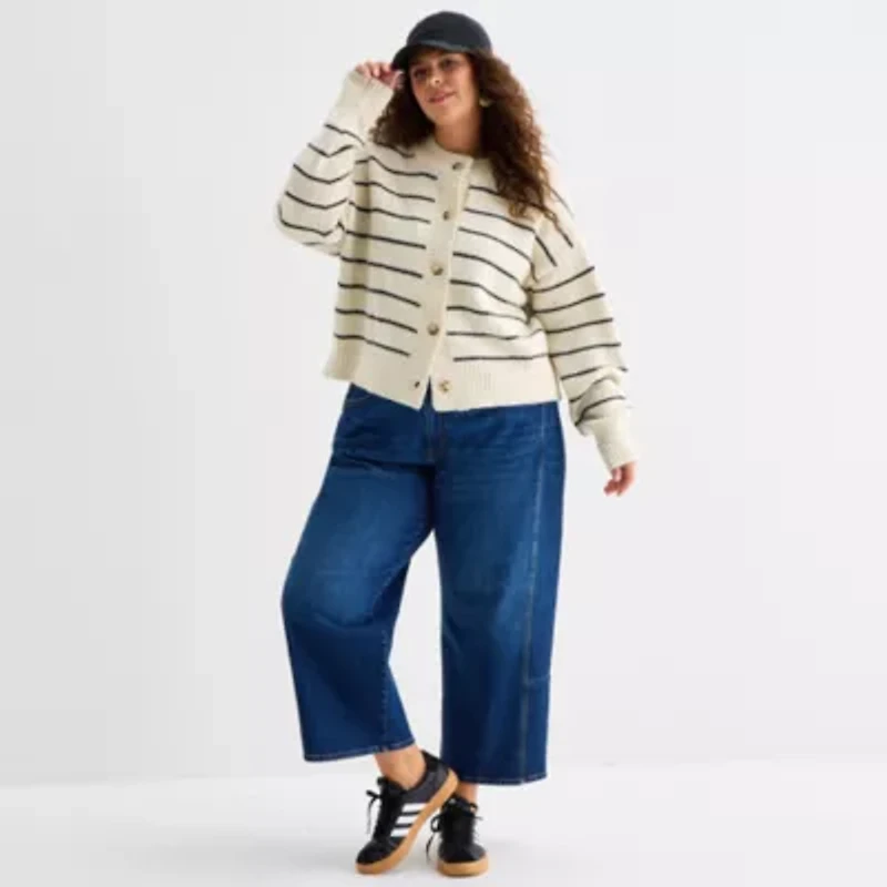 a.n.a Womens Crew Neck Long Sleeve Button Plus Striped Cardigan
