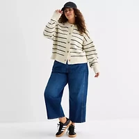 a.n.a Womens Crew Neck Long Sleeve Button Plus Striped Cardigan