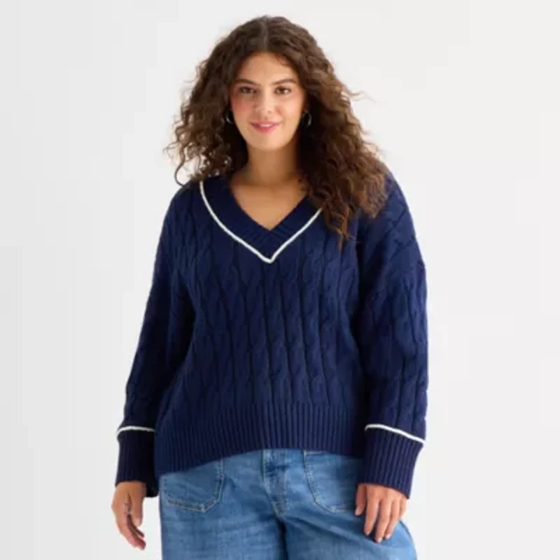 a.n.a Plus Womens V Neck Long Sleeve Pullover Sweater