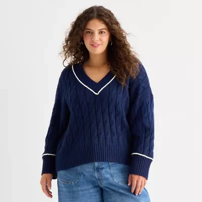 a.n.a Plus Womens V Neck Long Sleeve Pullover Sweater