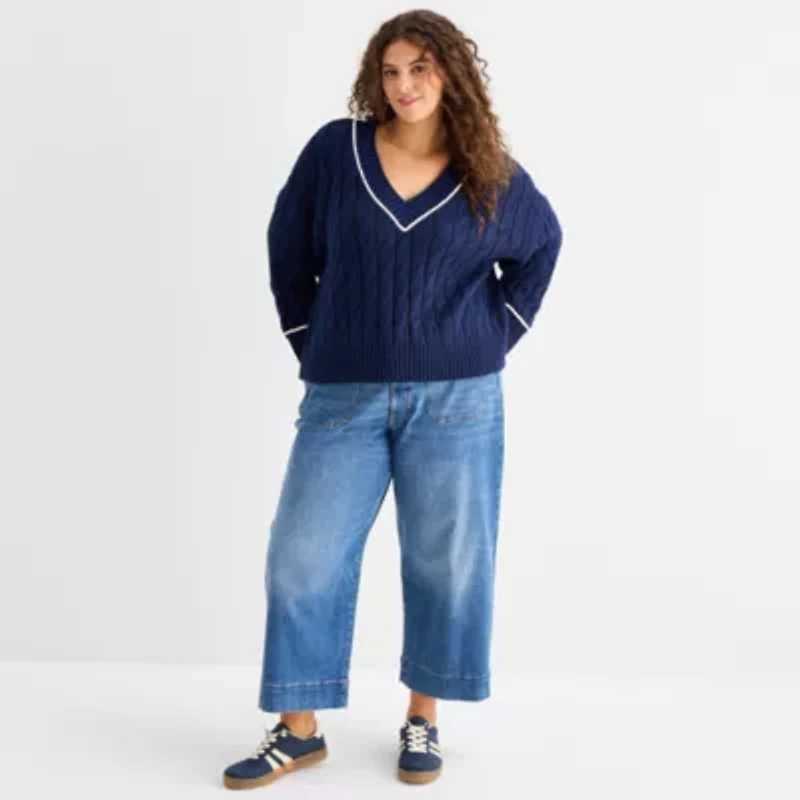 a.n.a Plus Womens V Neck Long Sleeve Pullover Sweater