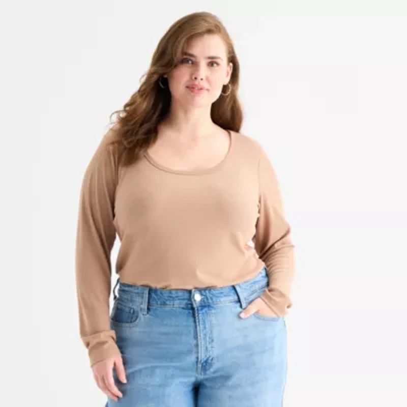 a.n.a Womens Scoop Neck Long Sleeve Plus T-Shirt