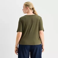 Worthington Womens Plus Y Neck Elbow Sleeve Blouse